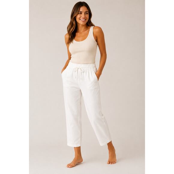 Theory Pants - Theory Treeca Eco Crunch Wash White Linen Blend Drawstring Cropped Pants Women M